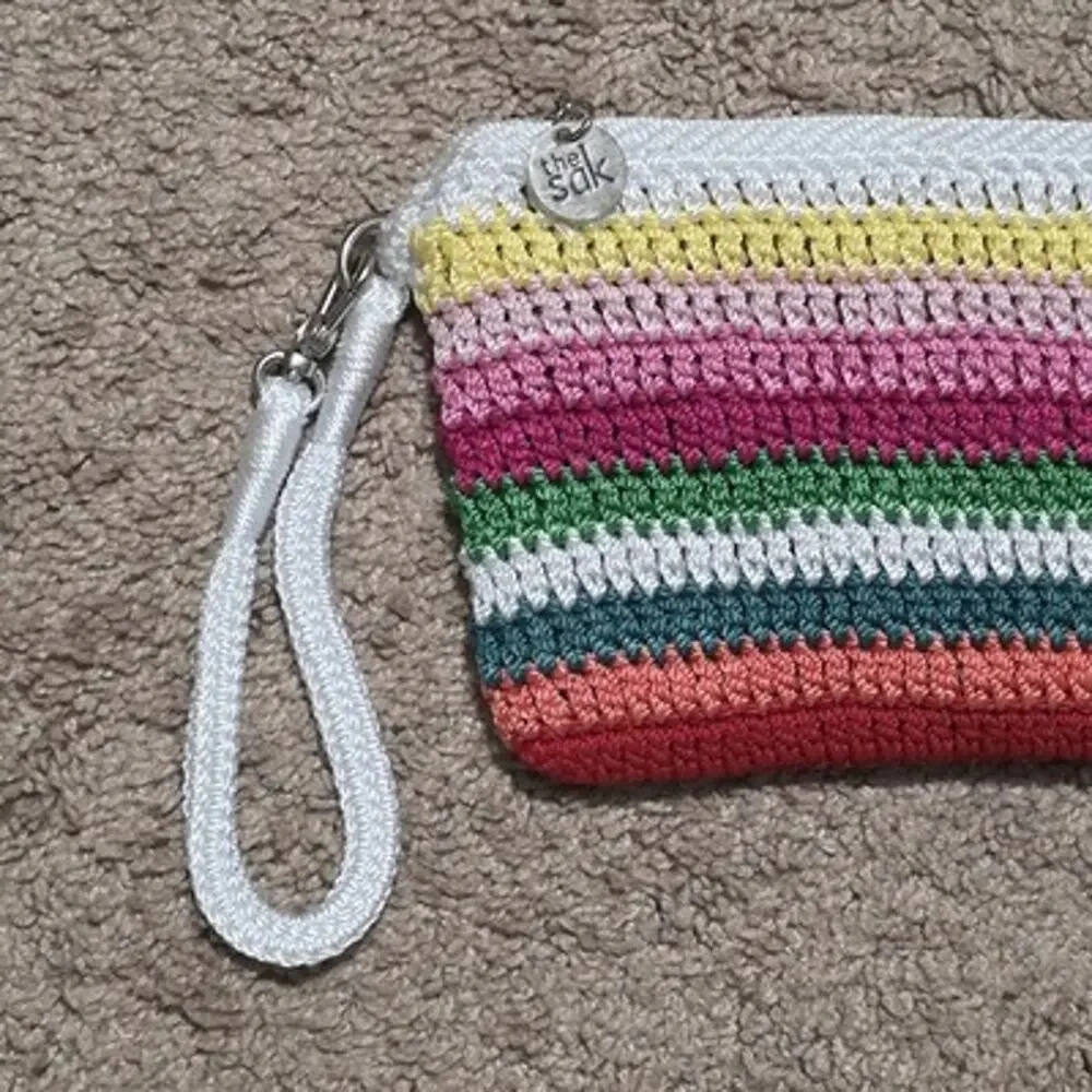 The Sak Crochet Craze Wristlet Clutch Multicolor Stripe Beach Coastal Boho NEW